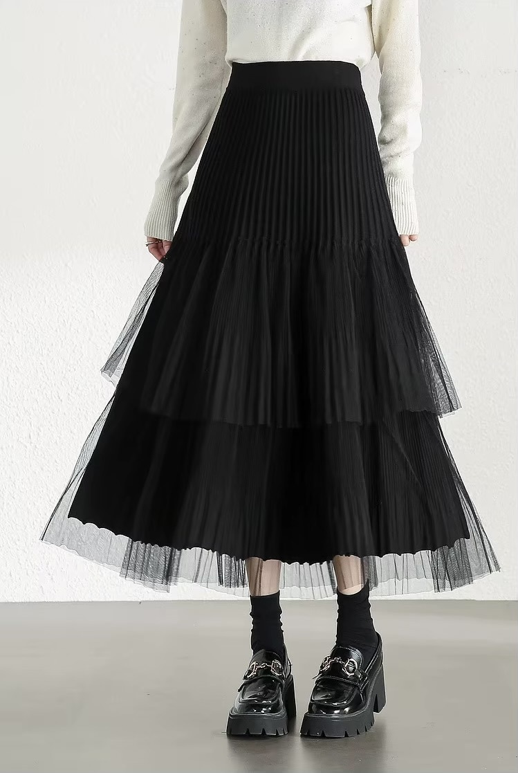 Cake Skirt      Women’s Elegant patchwork mesh gauze pleated detail A-line high rise waist natural waistline knitted regular fit for woman in black Fall Autumn Spring womens pleats folds mid-calf Skirts #W44Q57447