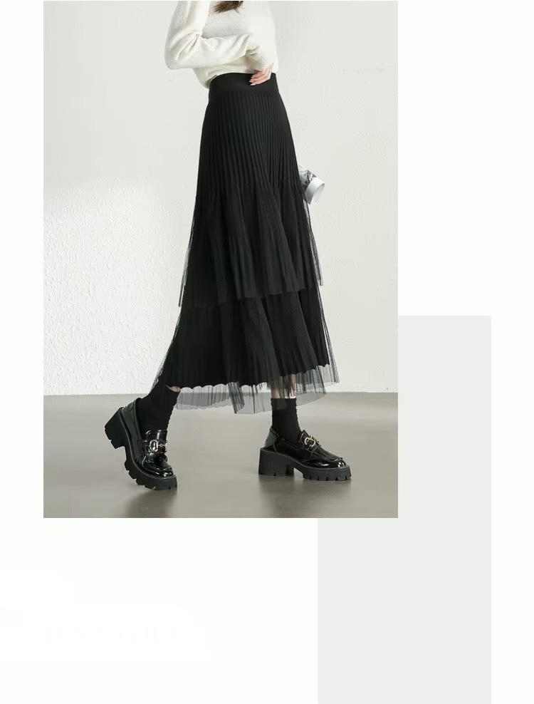 Cake Skirt      Women’s Elegant patchwork mesh gauze pleated detail A-line high rise waist natural waistline knitted regular fit for woman in black Fall Autumn Spring womens pleats folds mid-calf Skirts #W44Q57447