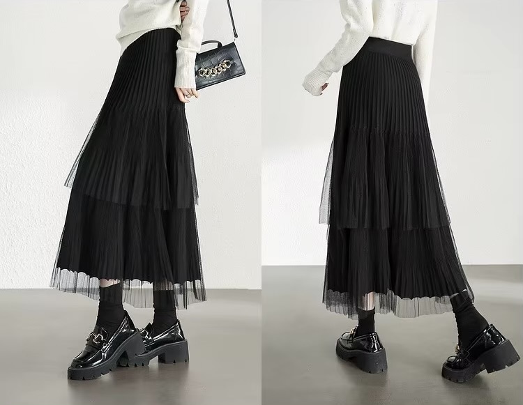 Cake Skirt      Women’s Elegant patchwork mesh gauze pleated detail A-line high rise waist natural waistline knitted regular fit for woman in black Fall Autumn Spring womens pleats folds mid-calf Skirts #W44Q57447