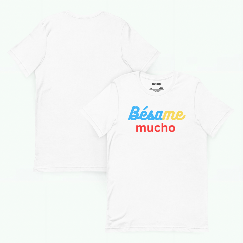 Men’s Women’s Letter Crewneck T-Shirt Genflex unisex 100% cotton short sleeves round O-neck Bésame Mucho (Kiss me much) letter print Tops for Man Woman in White, with pastel blue, yellow and red accent Mens Womens gender fluid neutral petite-, tall-, plus-, size crew neck t-shirts