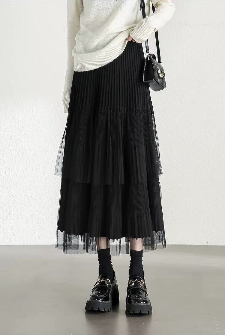 Cake Skirt      Women’s Elegant patchwork mesh gauze pleated detail A-line high rise waist natural waistline knitted regular fit for woman in black Fall Autumn Spring womens pleats folds mid-calf Skirts #W44Q57447