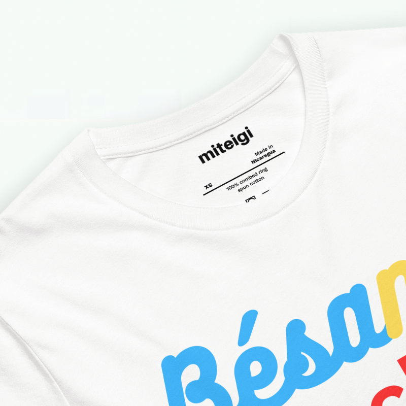 Men’s Women’s Letter Crewneck T-Shirt Genflex unisex 100% cotton short sleeves round O-neck Bésame Mucho (Kiss me much) letter print Tops for Man Woman in White, with pastel blue, yellow and red accent Mens Womens gender fluid neutral petite-, tall-, plus-, size crew neck t-shirts