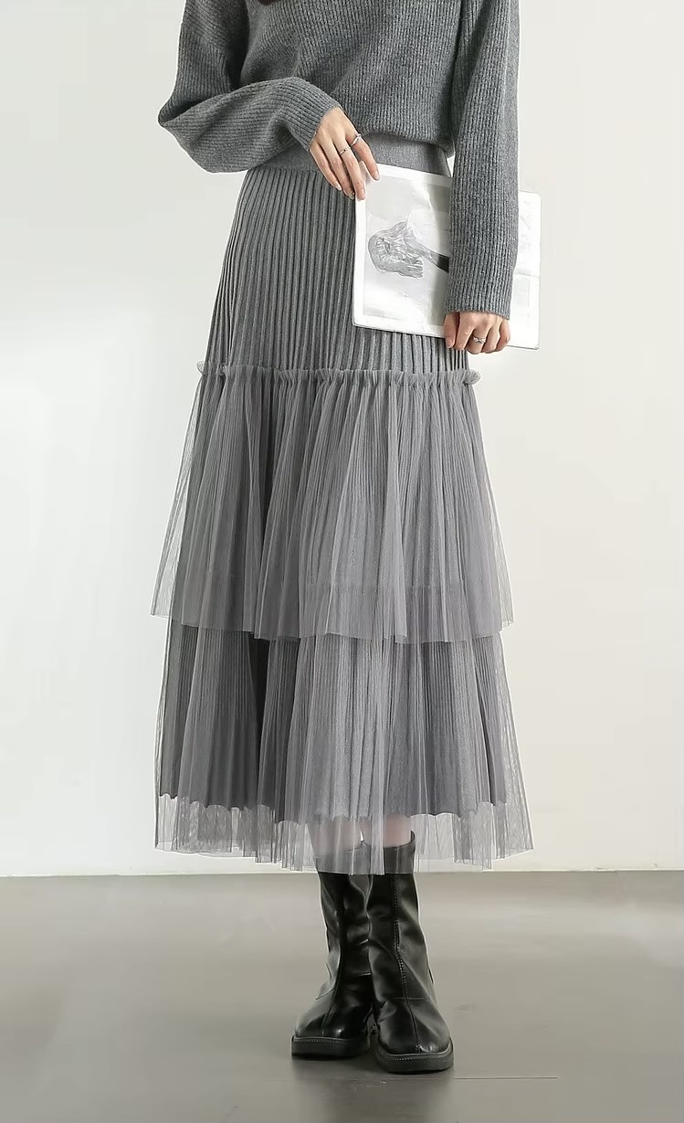 Cake Skirt gray      Women’s Elegant patchwork mesh gauze pleated detail A-line high rise waist natural waistline knitted regular fit for woman Fall Autumn Spring womens pleats folds grey mid-calf Skirts #W44Q57447