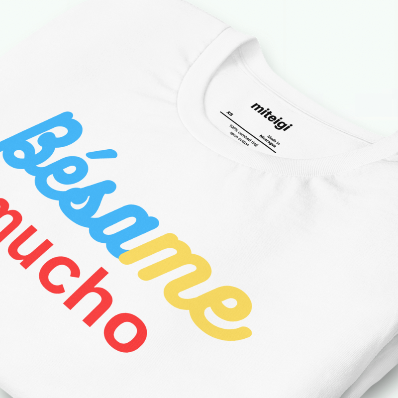 Men’s Women’s Letter Crewneck T-Shirt Genflex unisex 100% cotton short sleeves round O-neck Bésame Mucho (Kiss me much) letter print Tops for Man Woman in White, with pastel blue, yellow and red accent Mens Womens gender fluid neutral petite-, tall-, plus-, size crew neck t-shirts