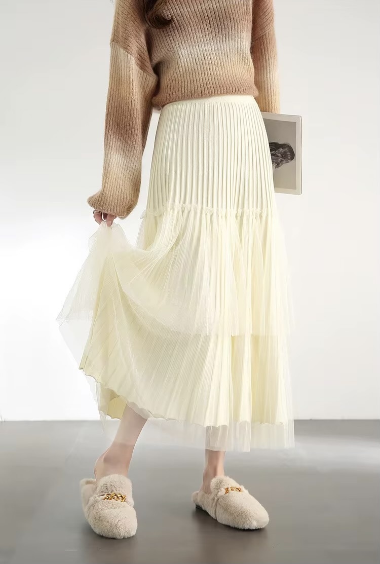 Cake Skirt cream      Women’s Elegant patchwork mesh gauze pleated detail A-line high rise waist natural waistline knitted regular fit for woman in Apricot Fall Autumn Spring womens pleats folds mid-calf Skirts #W44Q57447