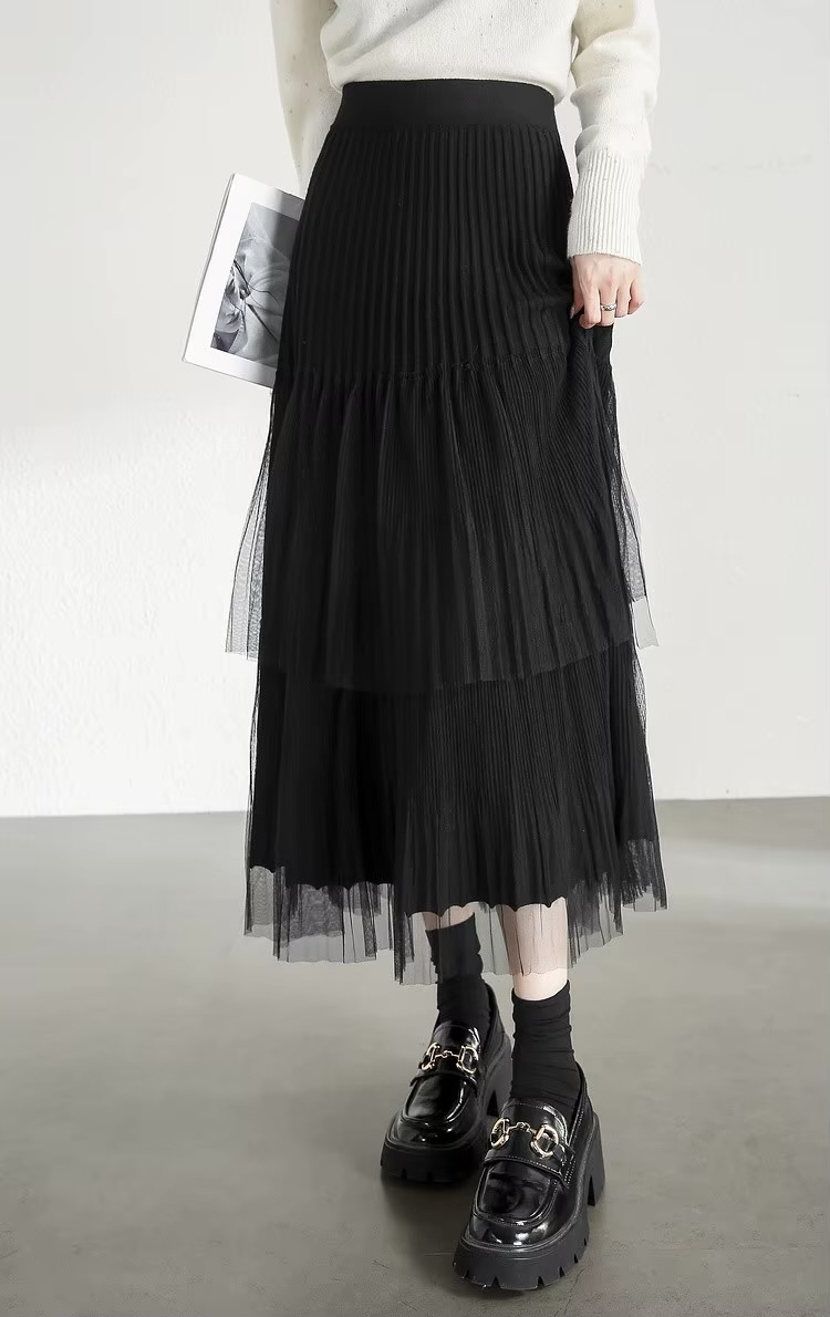 Cake Skirt      Women’s Elegant patchwork mesh gauze pleated detail A-line high rise waist natural waistline knitted regular fit for woman in black Fall Autumn Spring womens pleats folds mid-calf Skirts #W44Q57447