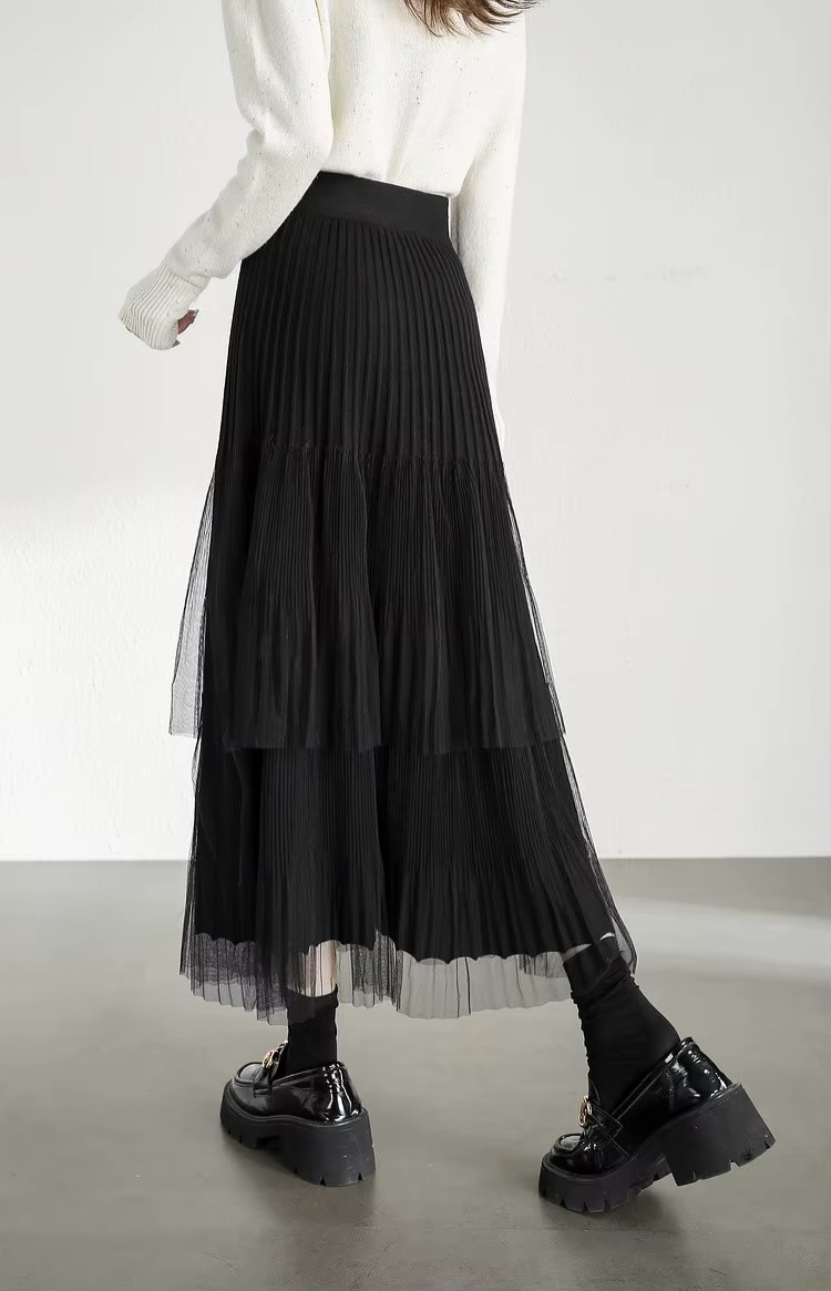 Cake Skirt      Women’s Elegant patchwork mesh gauze pleated detail A-line high rise waist natural waistline knitted regular fit for woman in black Fall Autumn Spring womens pleats folds mid-calf Skirts #W44Q57447