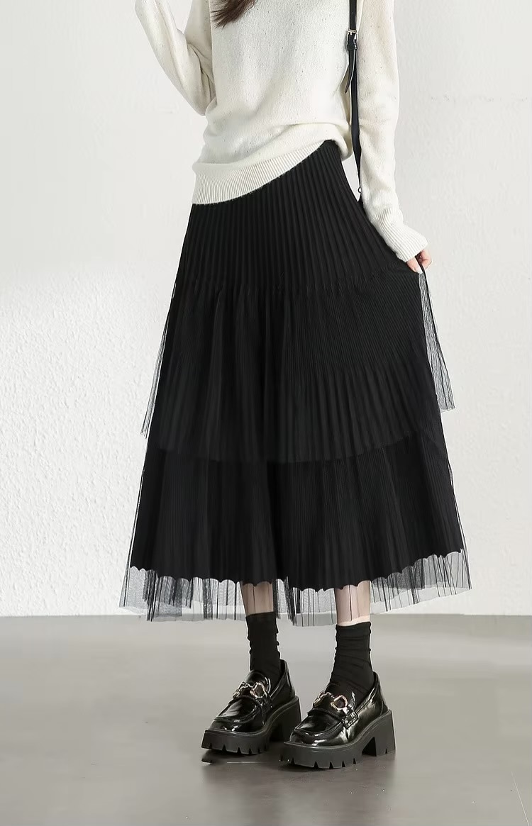 Cake Skirt      Women’s Elegant patchwork mesh gauze pleated detail A-line high rise waist natural waistline knitted regular fit for woman in black Fall Autumn Spring womens pleats folds mid-calf Skirts #W44Q57447