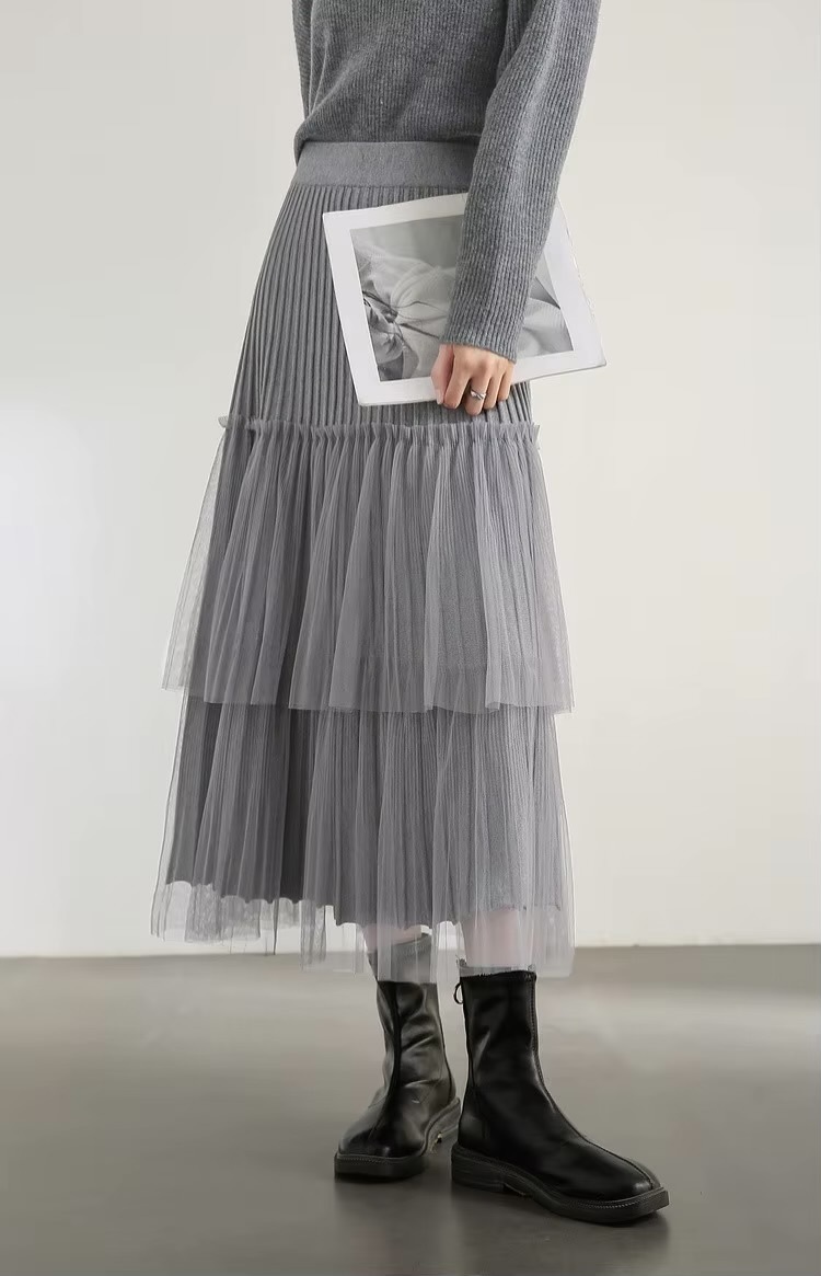 Cake Skirt gray      Women’s Elegant patchwork mesh gauze pleated detail A-line high rise waist natural waistline knitted regular fit for woman Fall Autumn Spring womens pleats folds grey mid-calf Skirts #W44Q57447