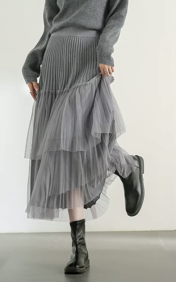 Cake Skirt gray      Women’s Elegant patchwork mesh gauze pleated detail A-line high rise waist natural waistline knitted regular fit for woman Fall Autumn Spring womens pleats folds grey mid-calf Skirts #W44Q57447