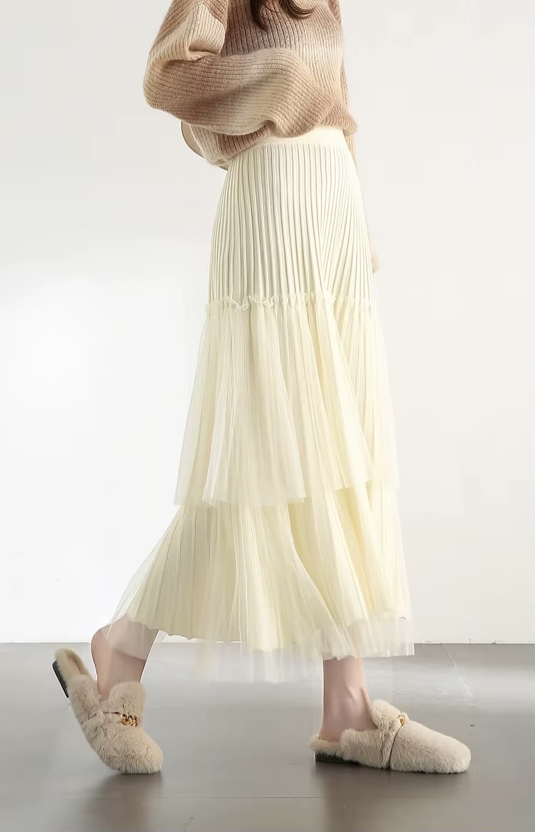 Cake Skirt cream      Women’s Elegant patchwork mesh gauze pleated detail A-line high rise waist natural waistline knitted regular fit for woman in Apricot Fall Autumn Spring womens pleats folds mid-calf Skirts #W44Q57447