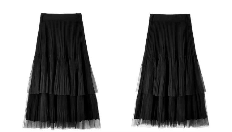 Cake Skirt      Women’s Elegant patchwork mesh gauze pleated detail A-line high rise waist natural waistline knitted regular fit for woman in black Fall Autumn Spring womens pleats folds mid-calf Skirts #W44Q57447