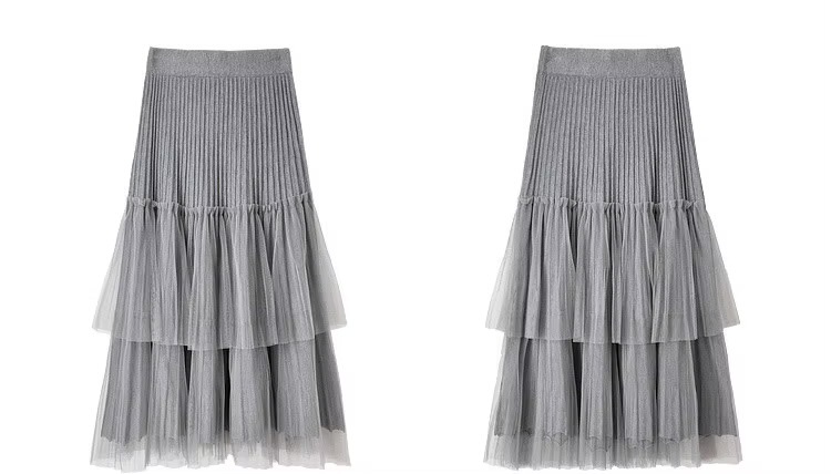 Cake Skirt gray      Women’s Elegant patchwork mesh gauze pleated detail A-line high rise waist natural waistline knitted regular fit for woman Fall Autumn Spring womens pleats folds grey mid-calf Skirts #W44Q57447