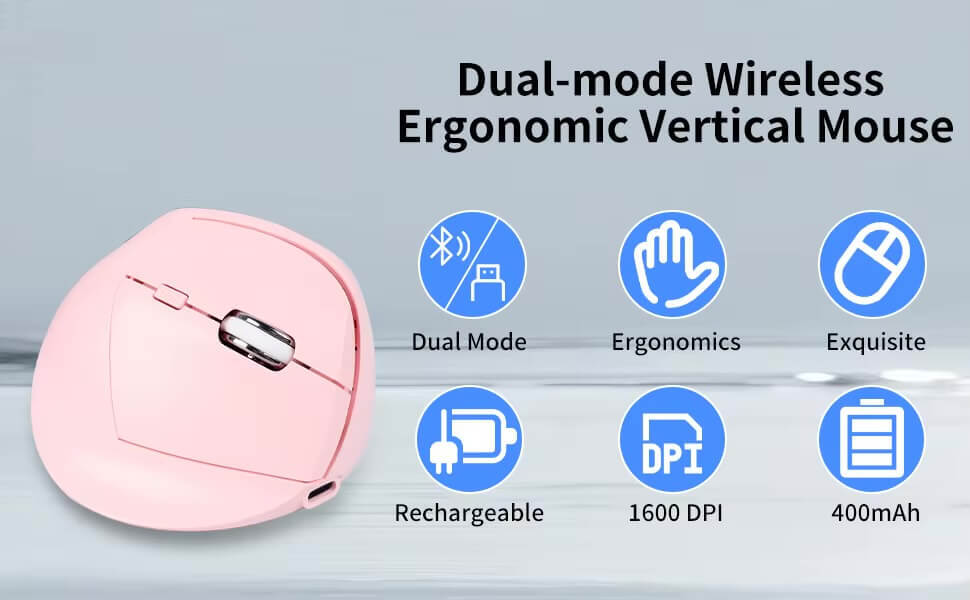 Wireless Vertical Mouse 2.4G Bluetooth dual-mode rechargeable ergonomic low noise button office use mouse with side button controls in pink