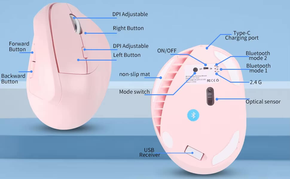 Wireless Vertical Mouse 2.4G Bluetooth dual-mode rechargeable ergonomic low noise button office use mouse with side button controls in pink