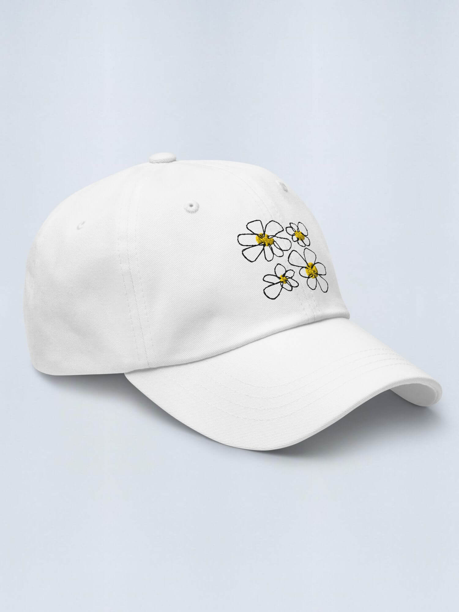 Floral Embroidery Dad Hat   Genderful 100% cotton washed fashionable unisex anywear mens women's everyday wear adjustable strap caps Hats for Man Woman in white with multicolor design men’s womens flowers baseball cap headwear