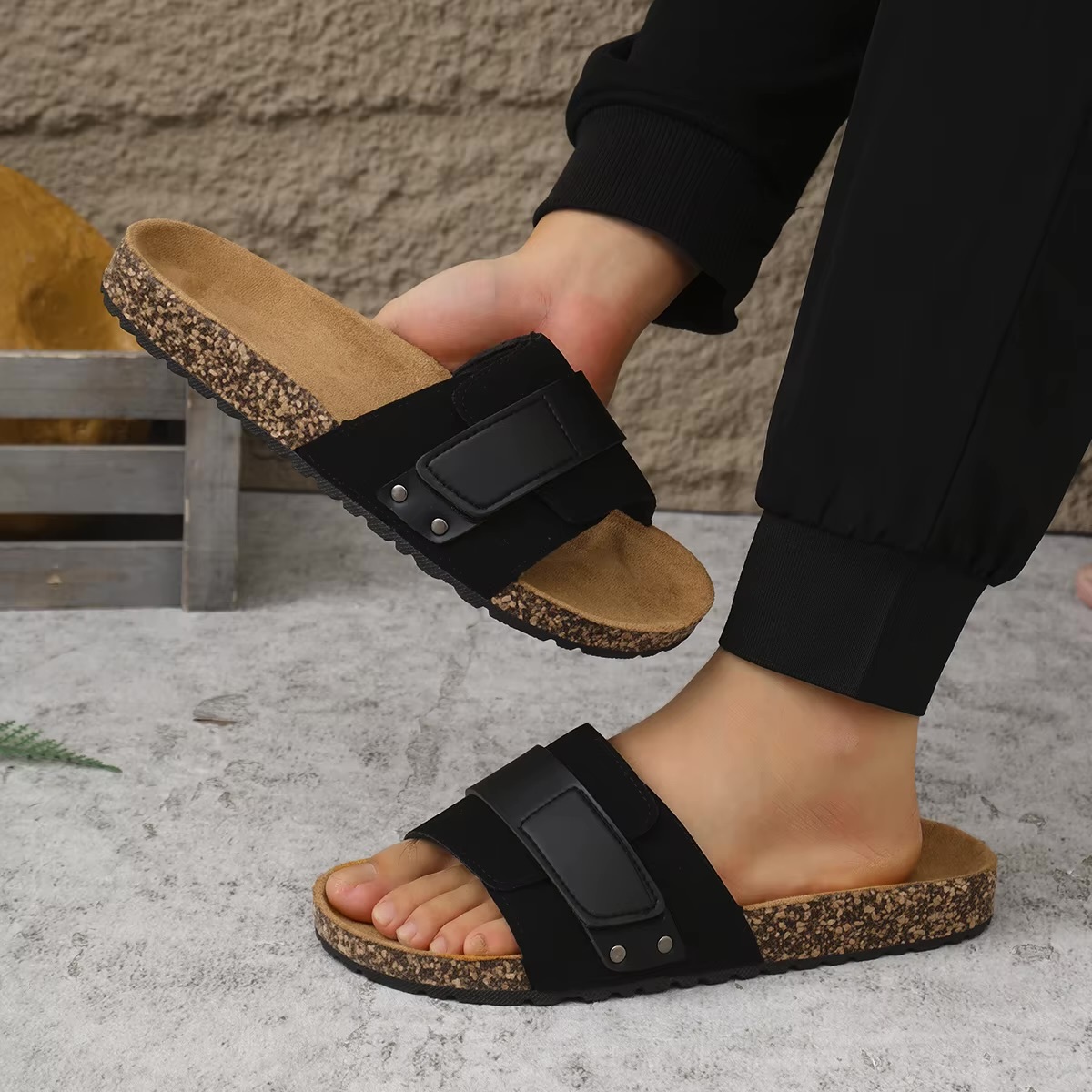 Women&rsquo;s woman womens petite-, tall-, plus-, size Light Luxury High-Quality Spring Summer Fall and Autumn Casual Simple Cork-Patterned Pu Leather Upper Flat-Soled Slip-On Open Toe Mule Slippers Beach holiday getaway Sandals Suitable for Home and Outdoor Use Footwear shoes in black color