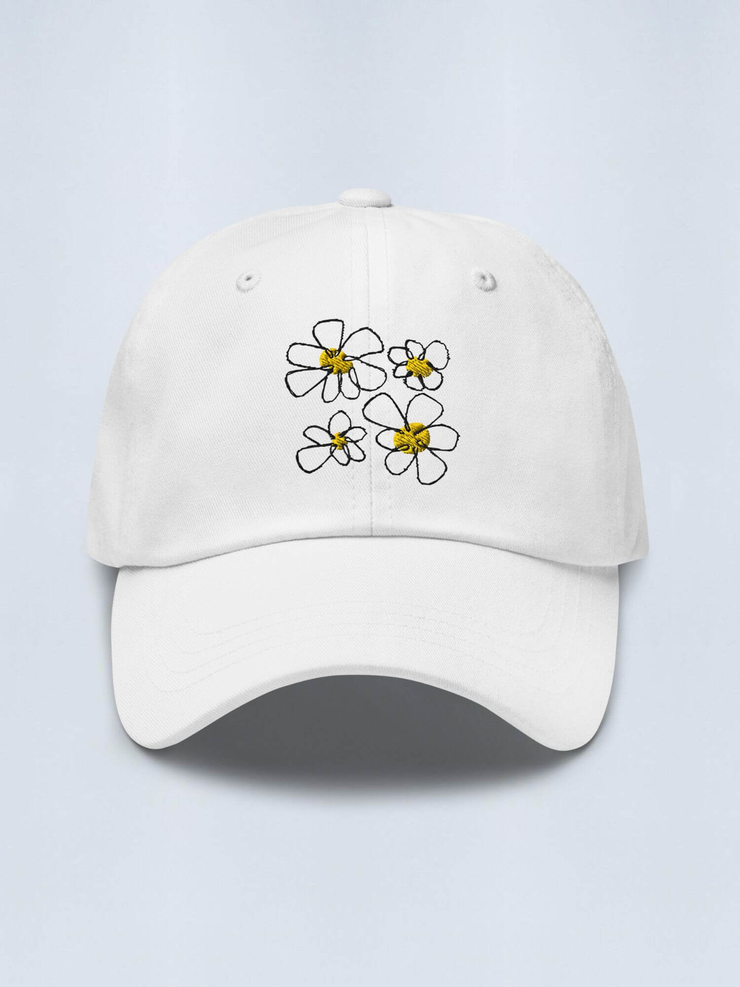 Floral Embroidery Dad Hat   Genderful 100% cotton washed fashionable unisex anywear mens women's everyday wear adjustable strap caps Hats for Man Woman in white with multicolor design men’s womens flowers baseball cap headwear
