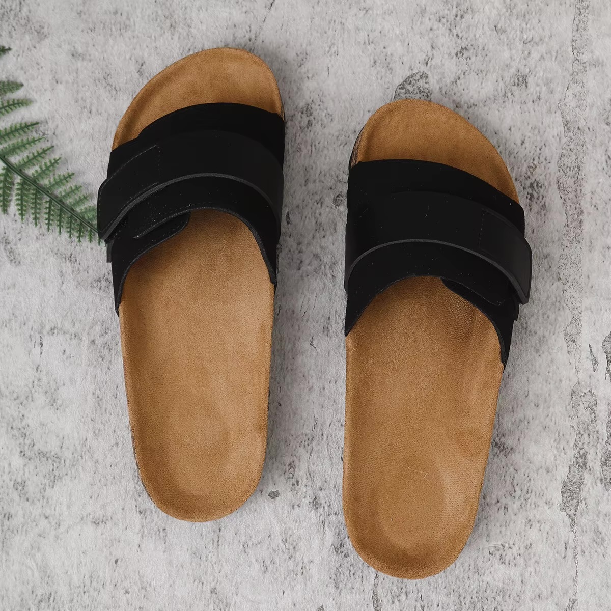 Women&rsquo;s woman womens petite-, tall-, plus-, size Light Luxury High-Quality Spring Summer Fall and Autumn Casual Simple Cork-Patterned Pu Leather Upper Flat-Soled Slip-On Open Toe Mule Slippers Beach holiday getaway Sandals Suitable for Home and Outdoor Use Footwear shoes in black color