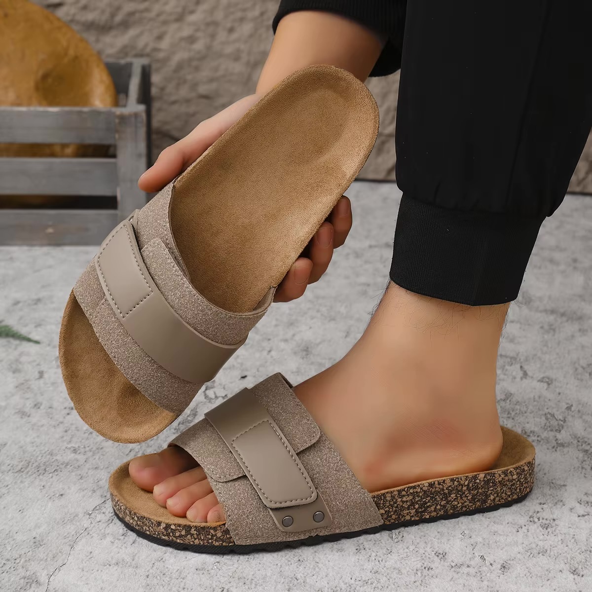 Women&rsquo;s woman womens petite-, tall-, plus-, size Light Luxury High-Quality Spring Summer Fall and Autumn Casual Simple Cork-Patterned Pu Leather Upper Flat-Soled Slip-On Open Toe Mule Slippers Beach holiday getaway Sandals Suitable for Home and Outdoor Use Footwear shoes in khaki color