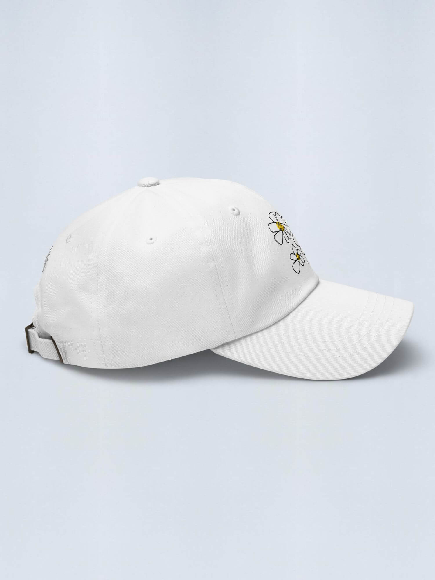 Floral Embroidery Dad Hat   Genderful 100% cotton washed fashionable unisex anywear mens women's everyday wear adjustable strap caps Hats for Man Woman in white with multicolor design men’s womens flowers baseball cap headwear