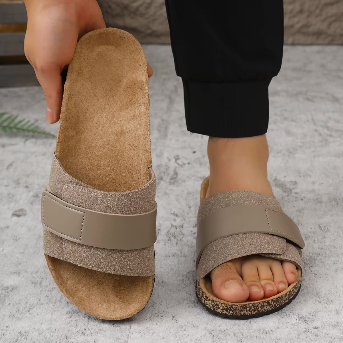 Women&rsquo;s woman womens petite-, tall-, plus-, size Light Luxury High-Quality Spring Summer Fall and Autumn Casual Simple Cork-Patterned Pu Leather Upper Flat-Soled Slip-On Open Toe Mule Slippers Beach holiday getaway Sandals Suitable for Home and Outdoor Use Footwear shoes in khaki color