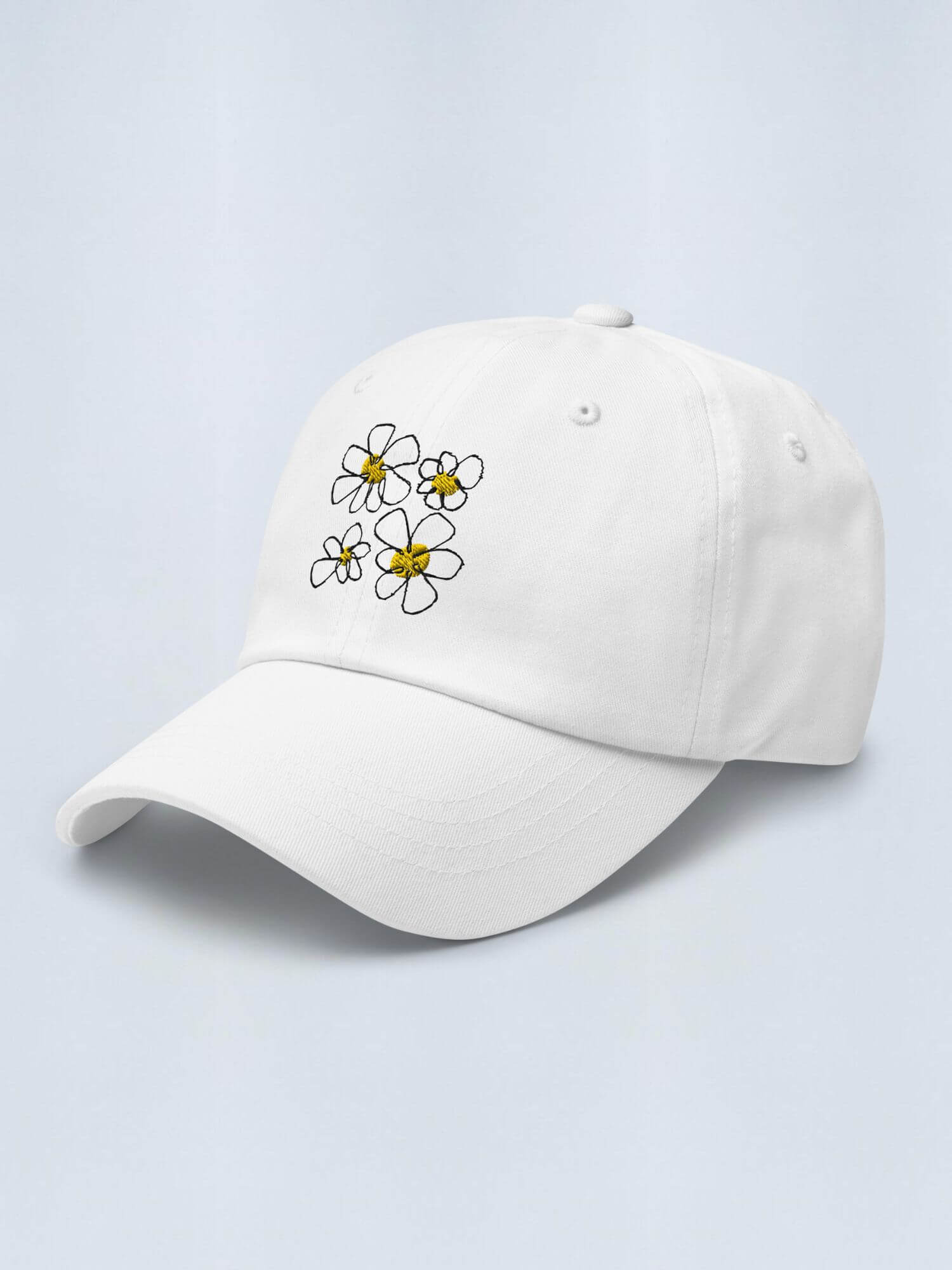 Floral Embroidery Dad Hat   Genderful 100% cotton washed fashionable unisex anywear mens women's everyday wear adjustable strap caps Hats for Man Woman in white with multicolor design men’s womens flowers baseball cap headwear