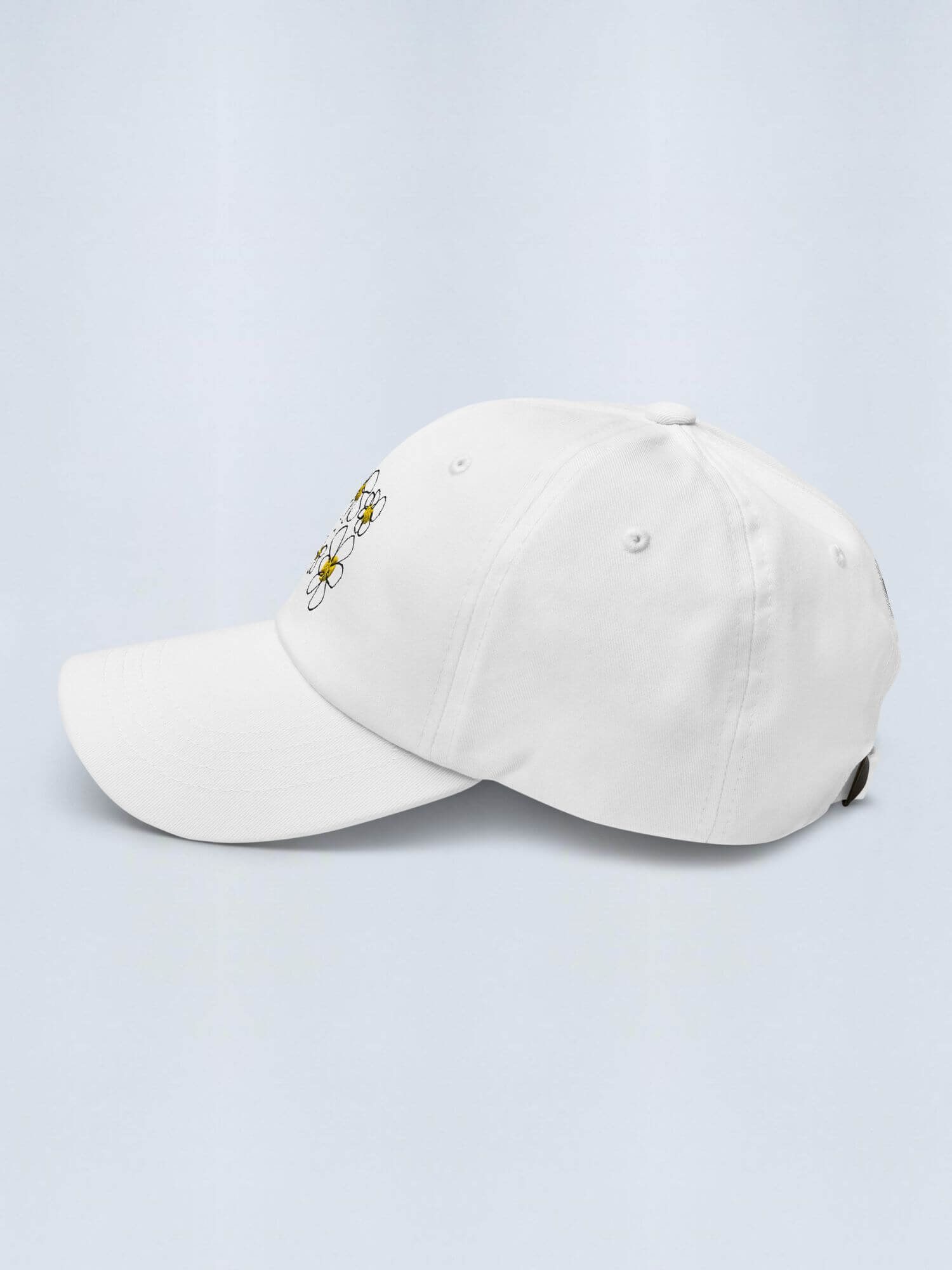 Floral Embroidery Dad Hat   Genderful 100% cotton washed fashionable unisex anywear mens women's everyday wear adjustable strap caps Hats for Man Woman in white with multicolor design men’s womens flowers baseball cap headwear
