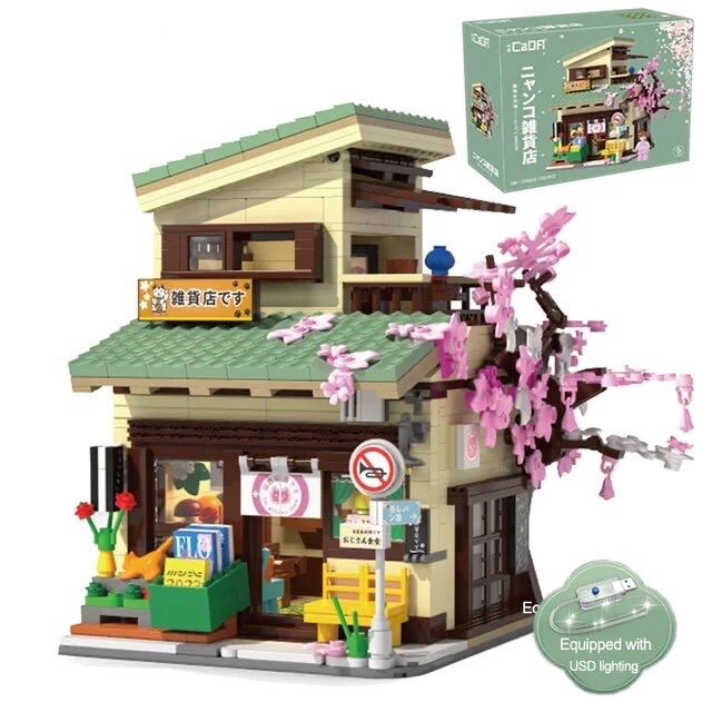 Japanese Grocery Store  LED City House Building Blocks Double Decker Duplex Architecture Japan Souvenir Bricks Toys for Kid Gifts