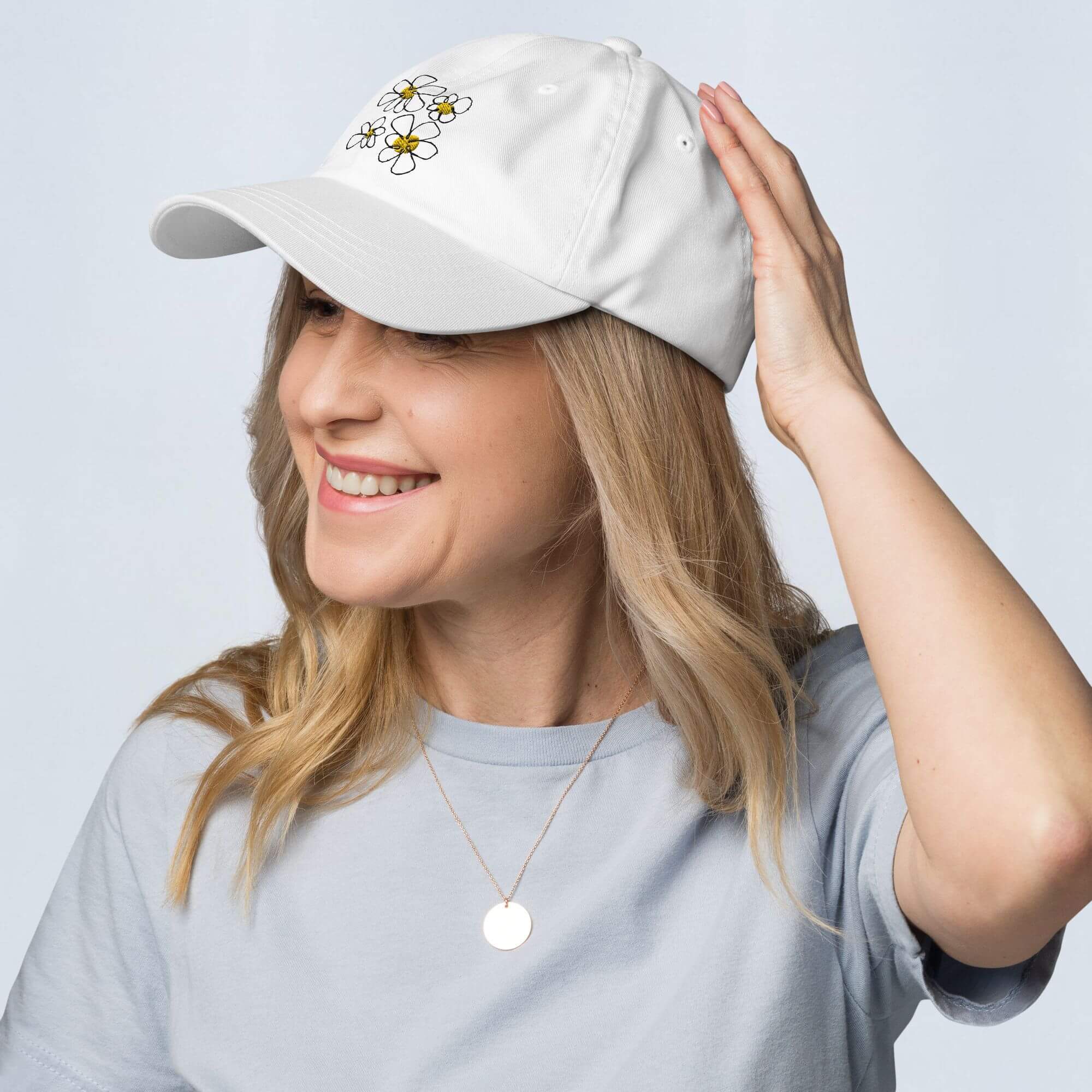 Floral Embroidery Dad Hat   Genderful 100% cotton washed fashionable unisex anywear mens women's everyday wear adjustable strap caps Hats for Man Woman in white with multicolor design men’s womens flowers baseball cap headwear