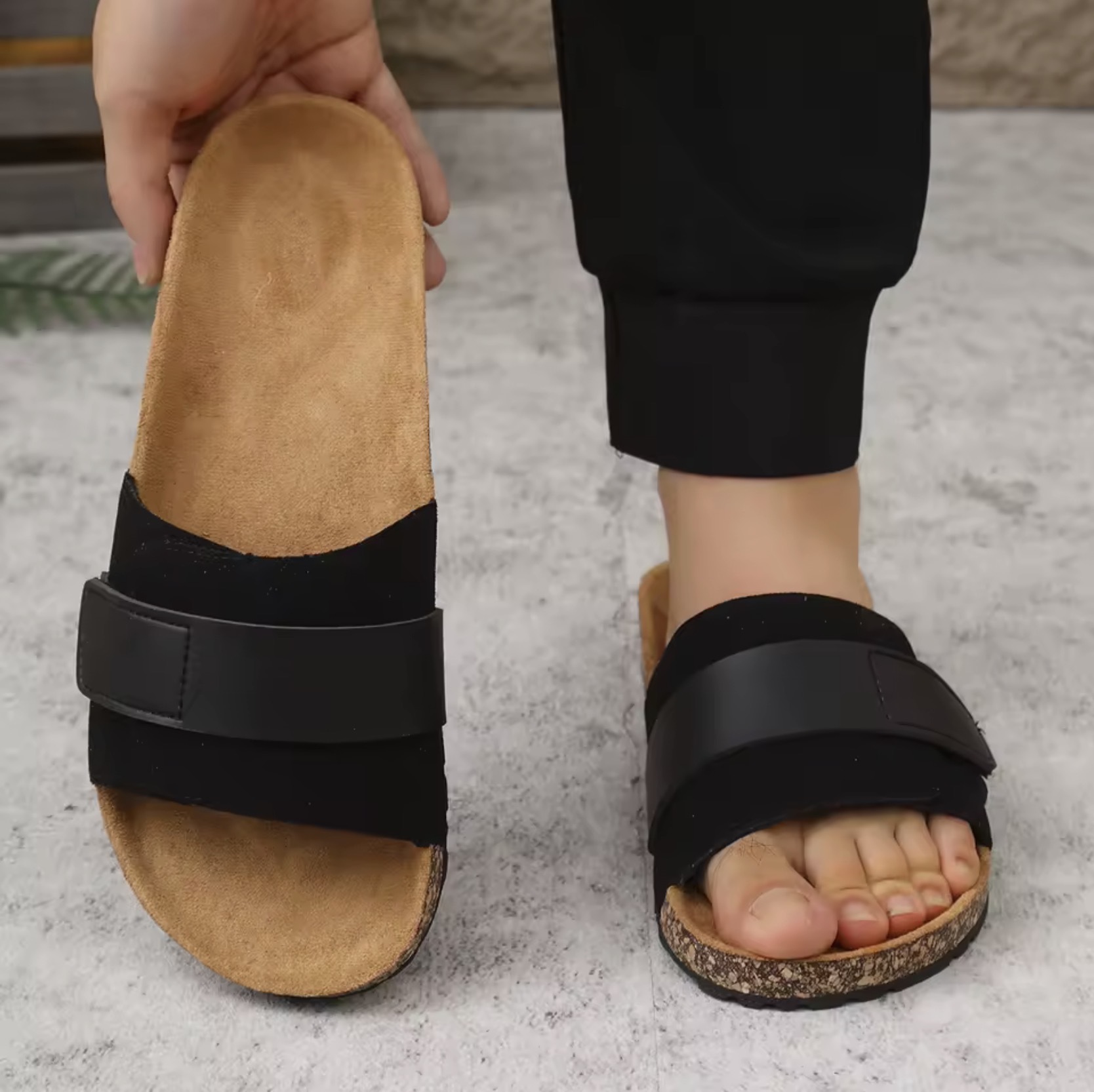 Women&rsquo;s woman womens petite-, tall-, plus-, size Light Luxury High-Quality Spring Summer Fall and Autumn Casual Simple Cork-Patterned Pu Leather Upper Flat-Soled Slip-On Open Toe Mule Slippers Beach holiday getaway Sandals Suitable for Home and Outdoor Use Footwear shoes in black color