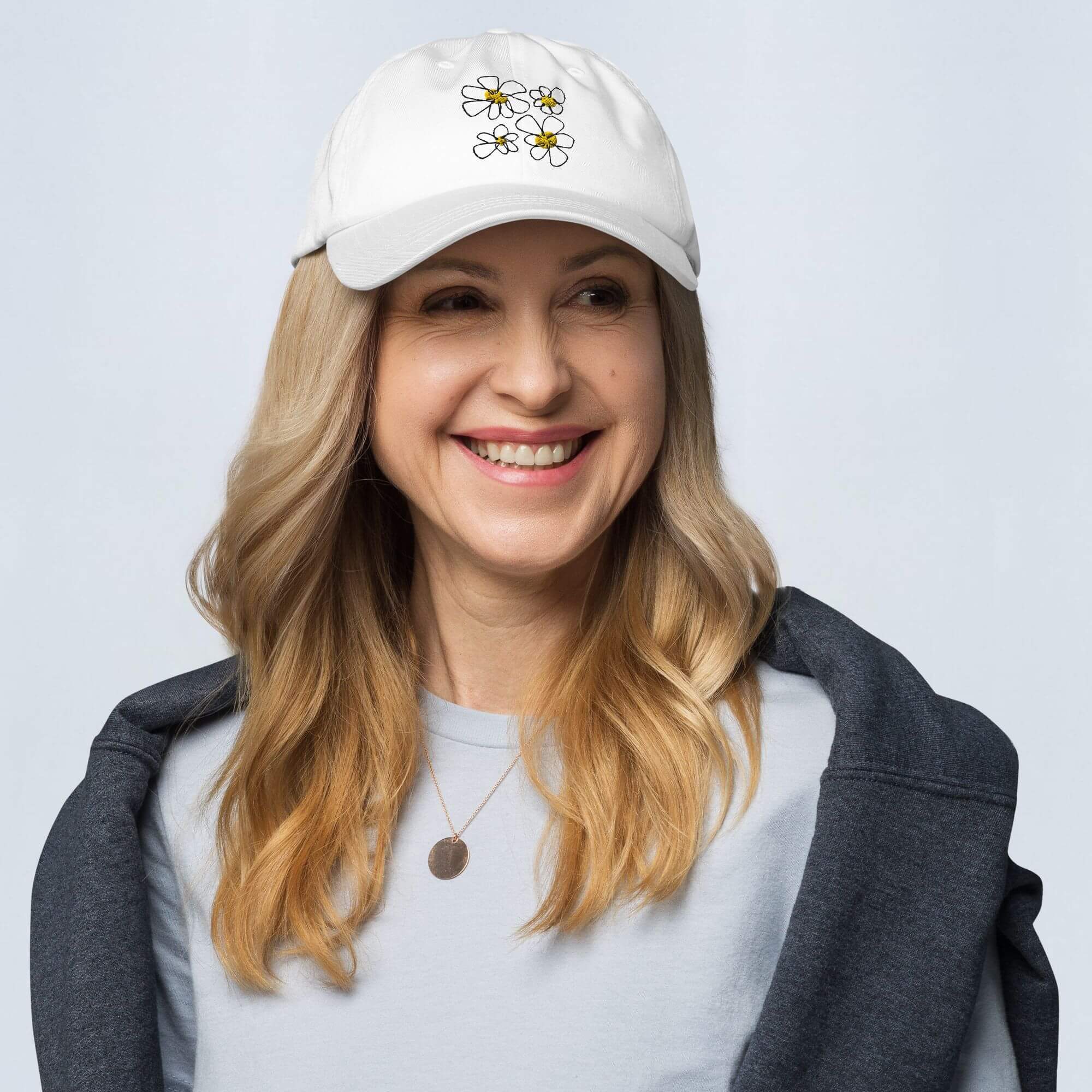 Floral Embroidery Dad Hat   Genderful 100% cotton washed fashionable unisex anywear mens women's everyday wear adjustable strap caps Hats for Man Woman in white with multicolor design men’s womens flowers baseball cap headwear