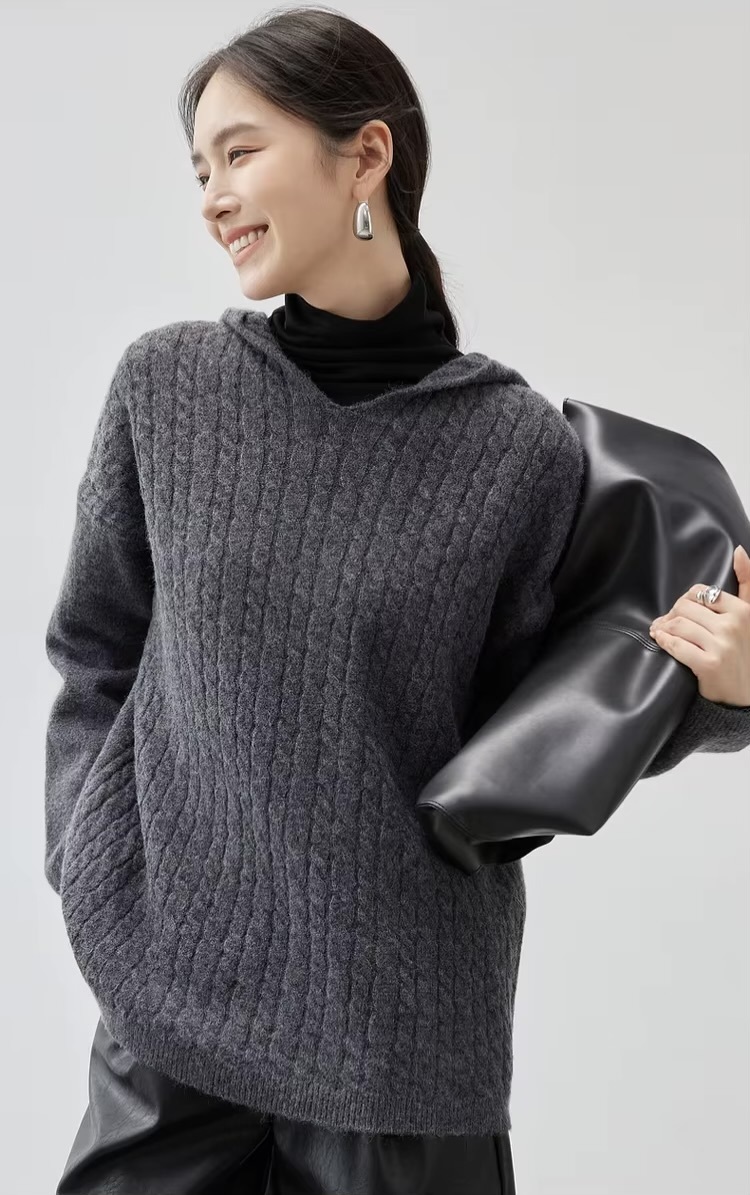 Hooded Cable Knit Sweater     Women’s loose fit drop long sleeves with dropped shoulders and rib cuffs simple solid knitted pullovers for woman in gray Ladies Fall Autumn Winter Spring womens grey ribbed hem sweaters #W44E57204
