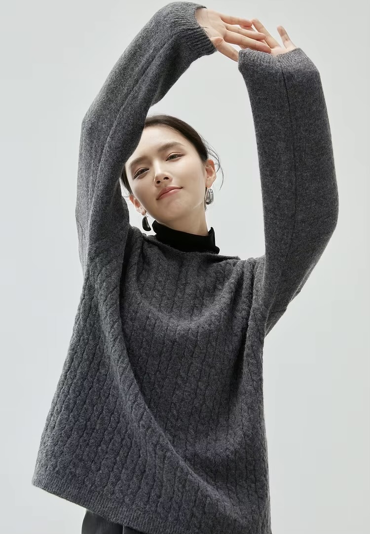 Hooded Cable Knit Sweater     Women’s loose fit drop long sleeves with dropped shoulders and rib cuffs simple solid knitted pullovers for woman in gray Ladies Fall Autumn Winter Spring womens grey ribbed hem sweaters #W44E57204