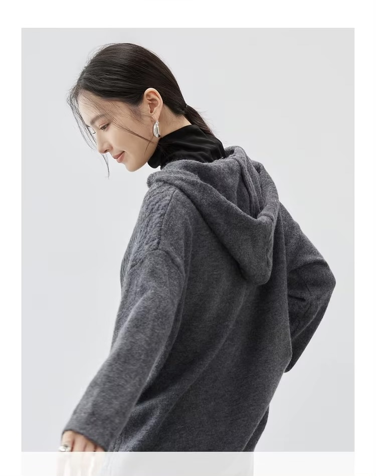 Hooded Cable Knit Sweater     Women’s loose fit drop long sleeves with dropped shoulders and rib cuffs simple solid knitted pullovers for woman in gray Ladies Fall Autumn Winter Spring womens grey ribbed hem sweaters #W44E57204
