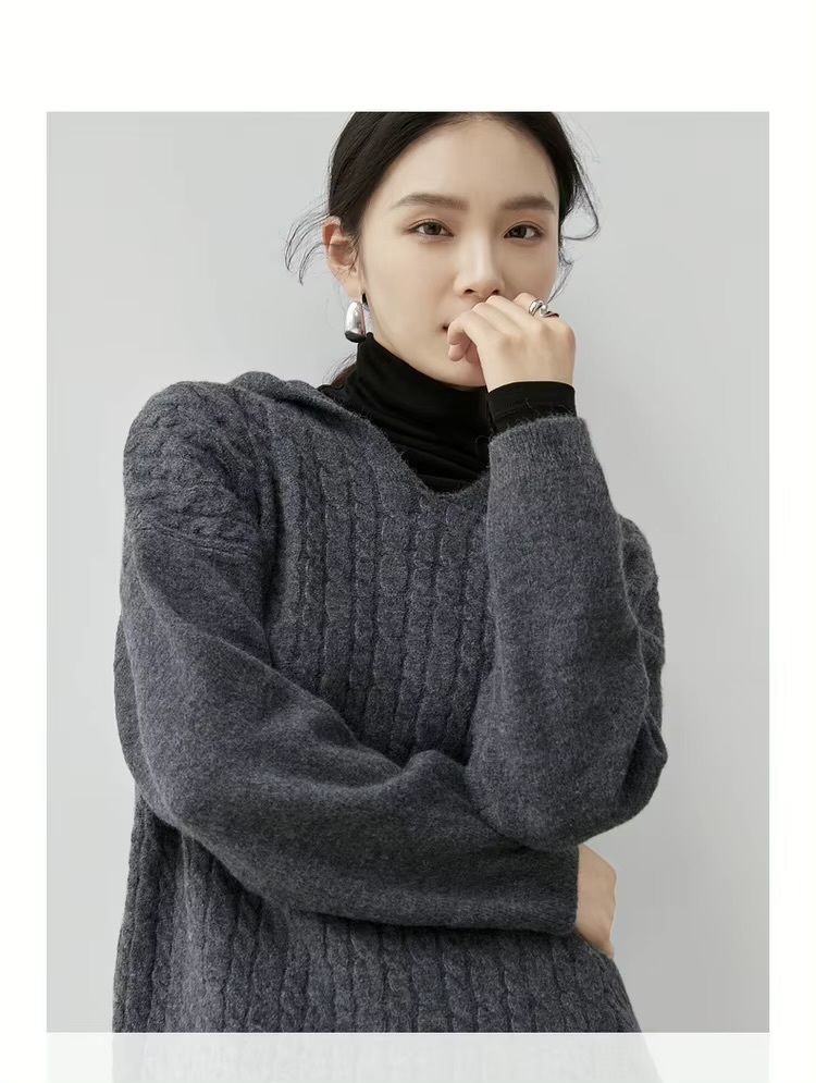 Hooded Cable Knit Sweater     Women’s loose fit drop long sleeves with dropped shoulders and rib cuffs simple solid knitted pullovers for woman in gray Ladies Fall Autumn Winter Spring womens grey ribbed hem sweaters #W44E57204
