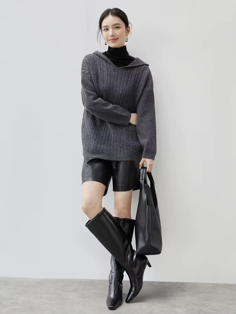 Hooded Cable Knit Sweater     Women’s loose fit drop long sleeves with dropped shoulders and rib cuffs simple solid knitted pullovers for woman in gray Ladies Fall Autumn Winter Spring womens grey ribbed hem sweaters #W44E57204