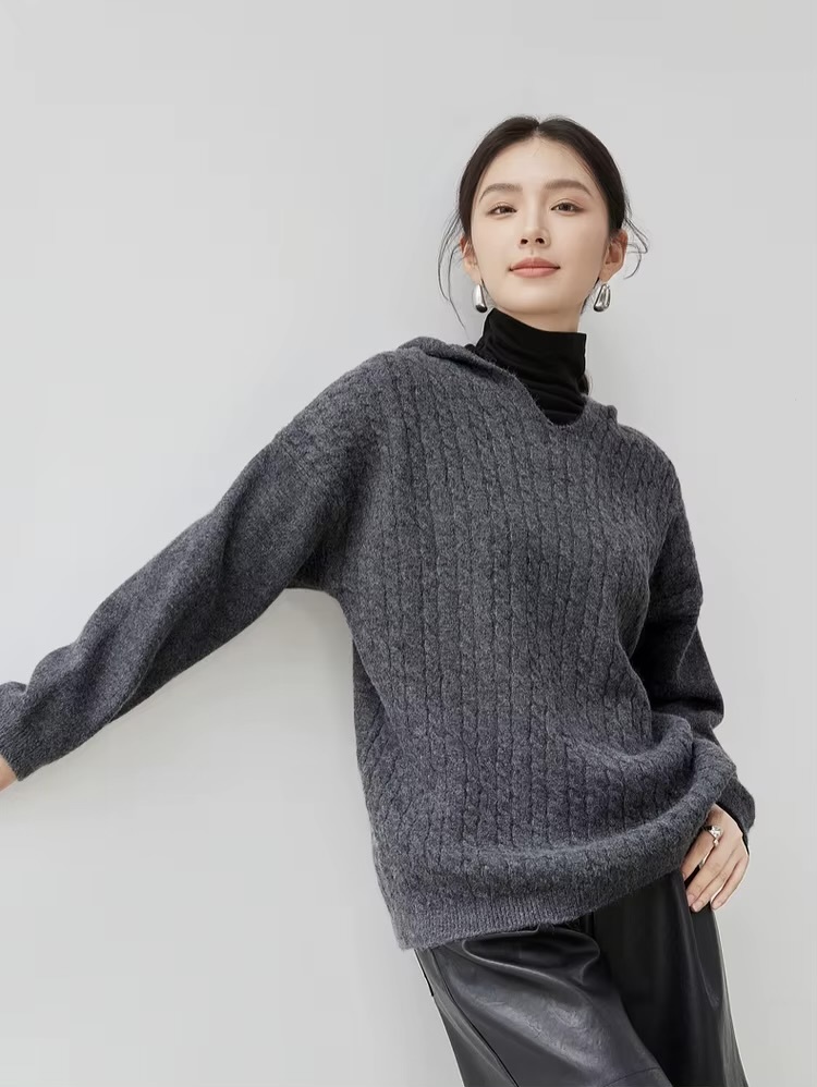 Hooded Cable Knit Sweater     Women’s loose fit drop long sleeves with dropped shoulders and rib cuffs simple solid knitted pullovers for woman in gray Ladies Fall Autumn Winter Spring womens grey ribbed hem sweaters #W44E57204
