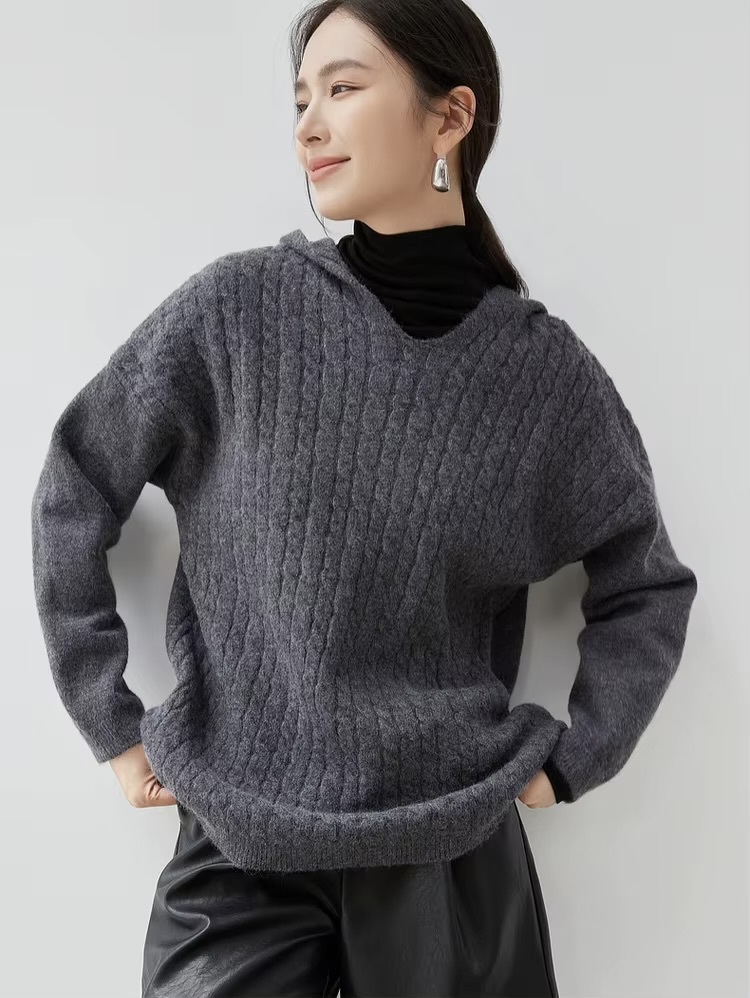 Hooded Cable Knit Sweater     Women’s loose fit drop long sleeves with dropped shoulders and rib cuffs simple solid knitted pullovers for woman in gray Ladies Fall Autumn Winter Spring womens grey ribbed hem sweaters #W44E57204