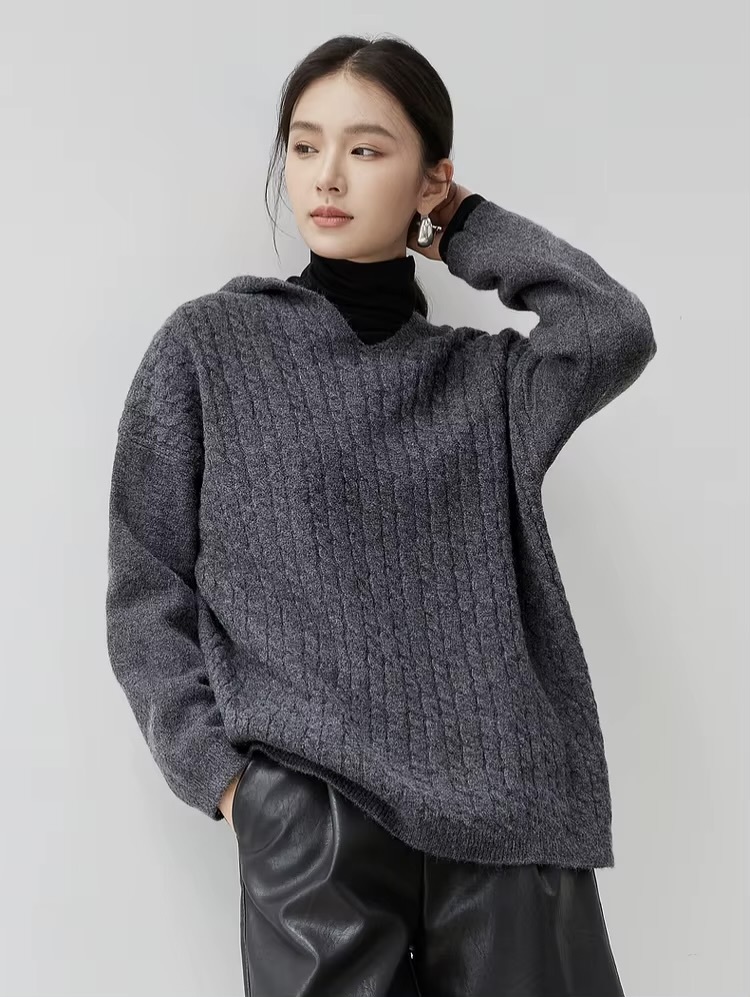 Hooded Cable Knit Sweater     Women’s loose fit drop long sleeves with dropped shoulders and rib cuffs simple solid knitted pullovers for woman in gray Ladies Fall Autumn Winter Spring womens grey ribbed hem sweaters #W44E57204