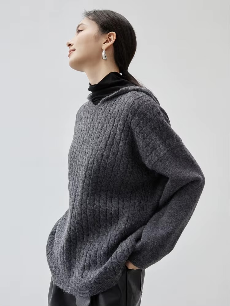 Hooded Cable Knit Sweater     Women’s loose fit drop long sleeves with dropped shoulders and rib cuffs simple solid knitted pullovers for woman in gray Ladies Fall Autumn Winter Spring womens grey ribbed hem sweaters #W44E57204