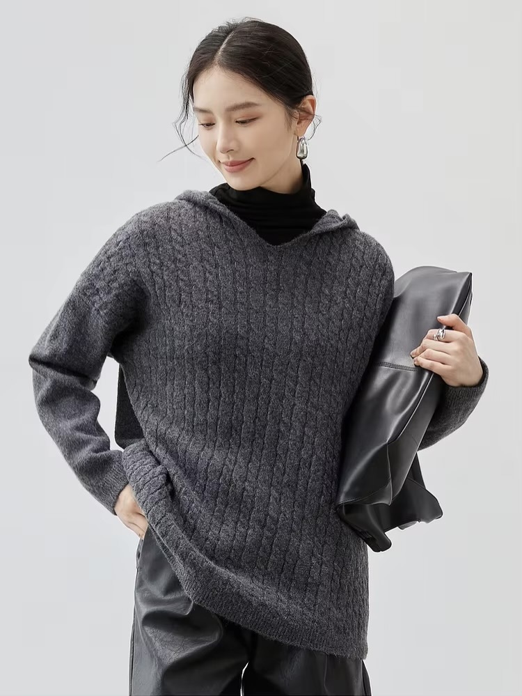 Hooded Cable Knit Sweater     Women’s loose fit drop long sleeves with dropped shoulders and rib cuffs simple solid knitted pullovers for woman in gray Ladies Fall Autumn Winter Spring womens grey ribbed hem sweaters #W44E57204