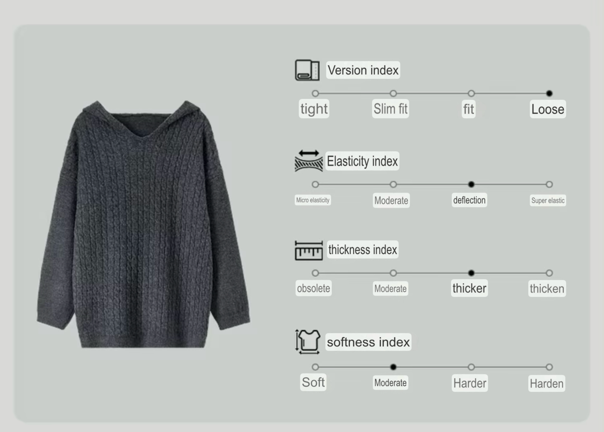 Hooded Cable Knit Sweater     Women’s loose fit drop long sleeves with dropped shoulders and rib cuffs simple solid knitted pullovers for woman in gray Ladies Fall Autumn Winter Spring womens grey ribbed hem sweaters #W44E57204 Comfort chart