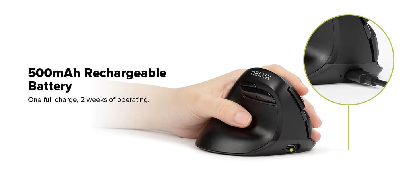 Left-Hand Wireless Vertical Mouse 2.4G Bluetooth dual-mode rechargeable ergonomic low noise button office use mouse with side button controls in black