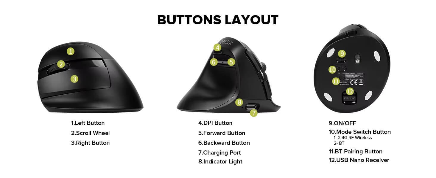 Left-Hand Wireless Vertical Mouse 2.4G Bluetooth dual-mode rechargeable ergonomic low noise button office use mouse with side button controls in black