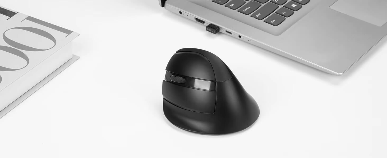 Left-Hand Wireless Vertical Mouse 2.4G Bluetooth dual-mode rechargeable ergonomic low noise button office use mouse with side button controls in black