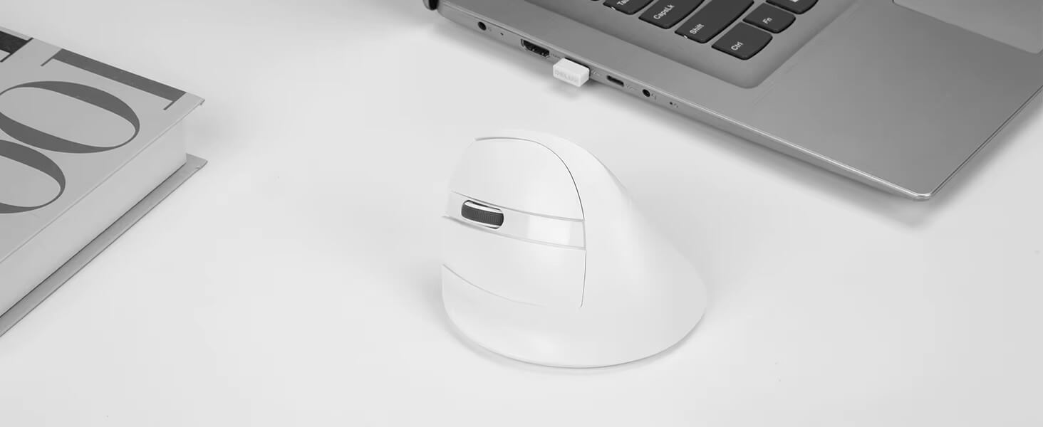 Left-Hand Wireless Vertical Mouse 2.4G Bluetooth dual-mode rechargeable ergonomic low noise button office use mouse with side button controls in white