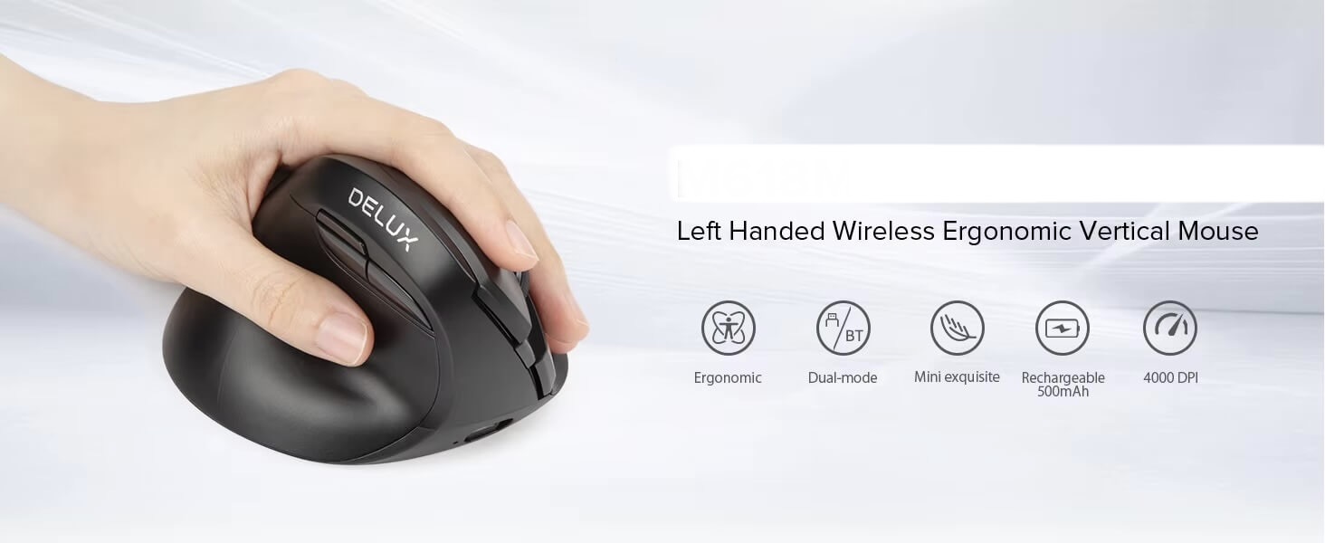 Left-Hand Wireless Vertical Mouse 2.4G Bluetooth dual-mode rechargeable ergonomic low noise button office use mouse with side button controls in black