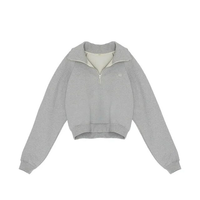 Half-Zip Sweatshirt gray    Women’s Autumn Winter Spring Simple and Versatile Short ribbed band hem Long-sleeves Casual Zipper turn-down point collar letter embroidery womens sportswear Sweaters MiteigiYūki sports REC*O Sweatshirts for Woman in light grey