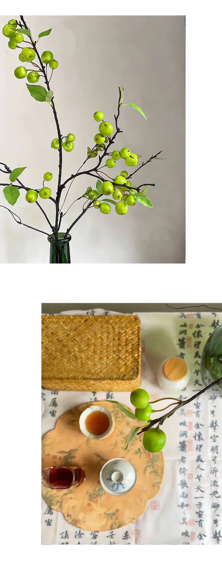 Large Belly Stem Simple Artistic Decorative green-, yellow-, red-, Apples, berry-,  Fruit Hotel Restaurant Desktop Decoration Ornaments Simulation green leaf, leaves, floral Flowers, Vase stems branches